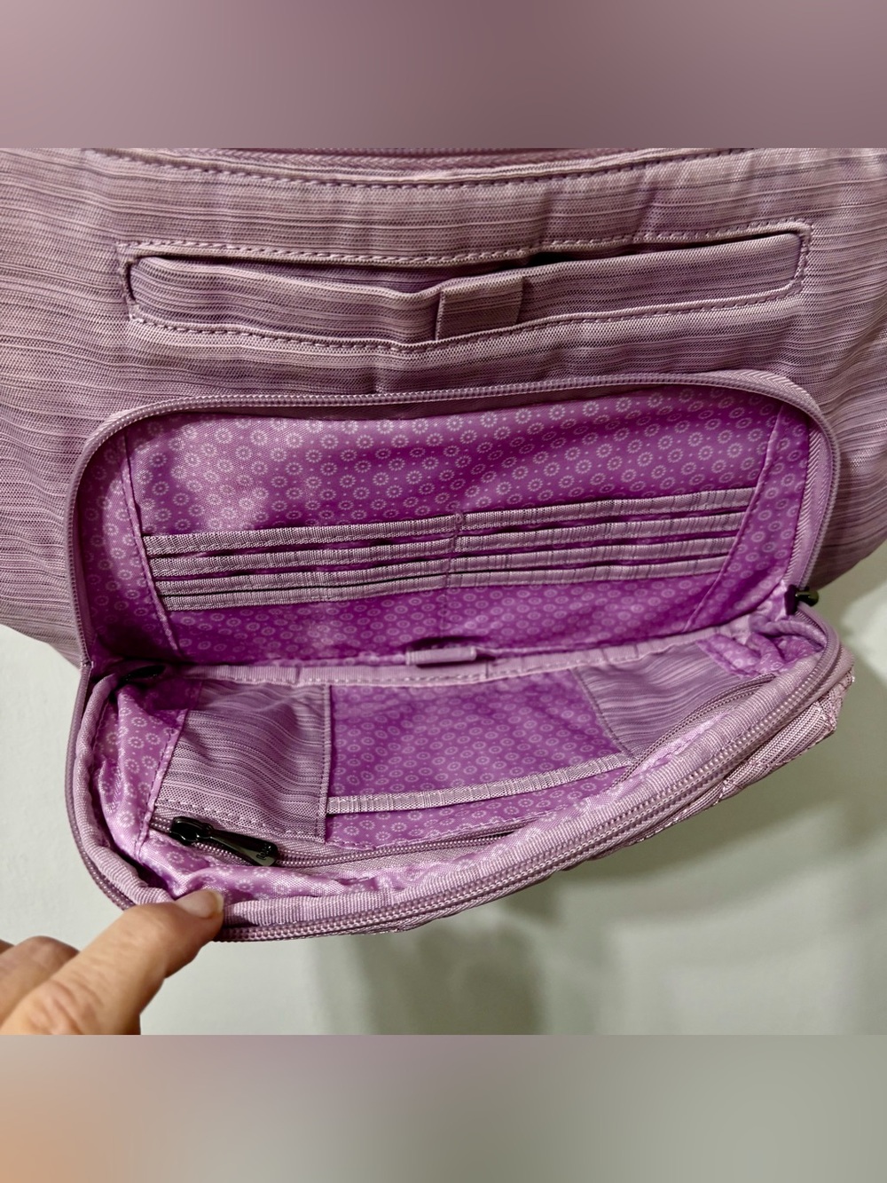 LUG Lavender/Lilac Organizer Wallet/Crossbody Bag - Light Pink Floral Interior